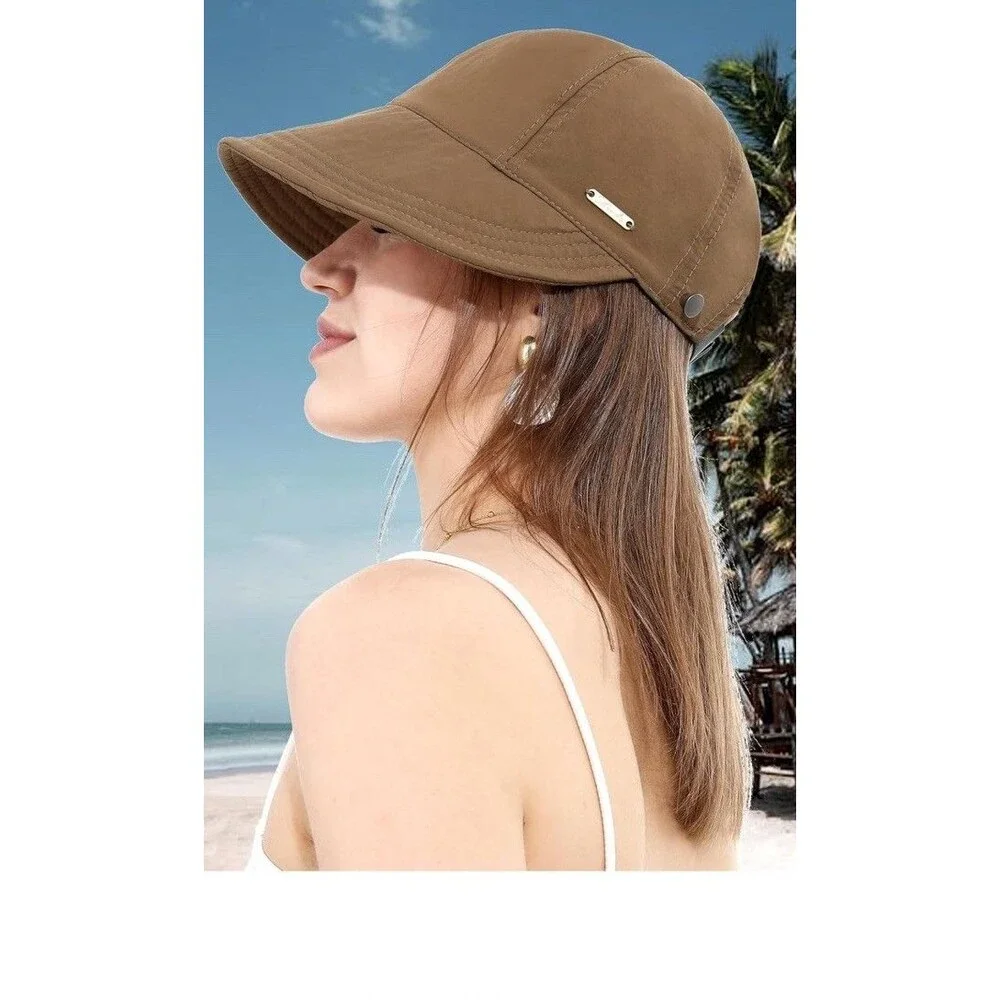 Women Sun Hat Wide Brim UV Protect Foldable Beach Visor Quick Dry Ponytail Hole